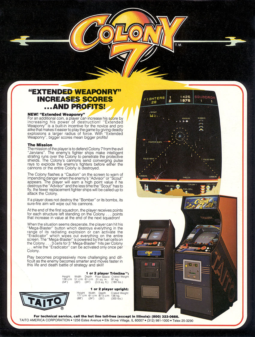 The Colony 7 flyer reverse describes the extra-coin power mode and specifies both upright and Trimline cabinet dimensions. Taito America / TAFA preservation scan.
