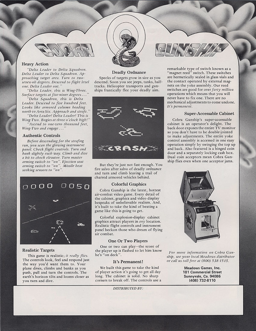 The matching Meadows flyer reverse illustrates the flight controls, targets, scoring, and cabinet access.