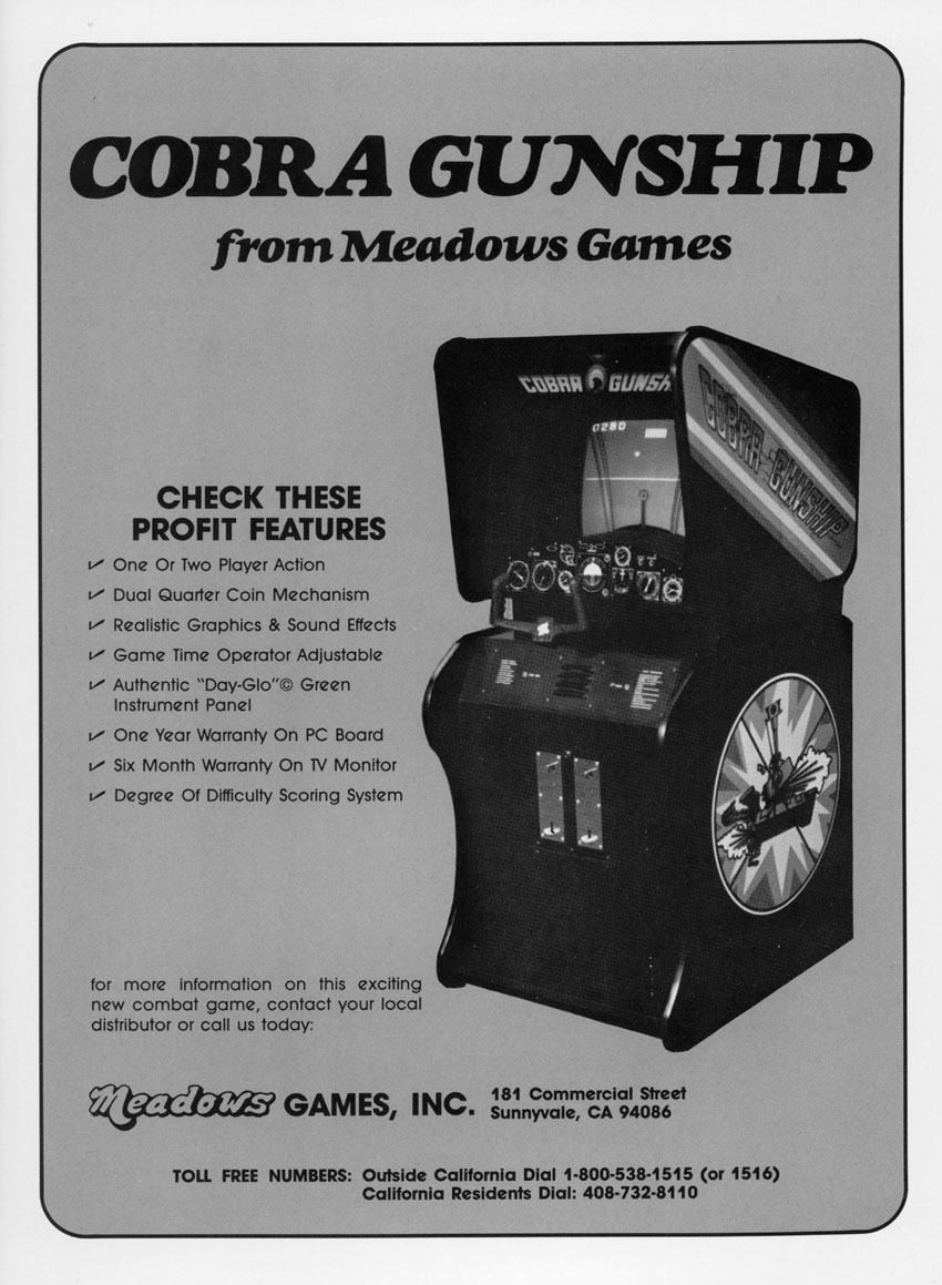 Meadows’ operator advertisement promotes the cabinet, Day-Glo instrument panel, and profit features. Arcade Flyer Archive / TAFA Original.