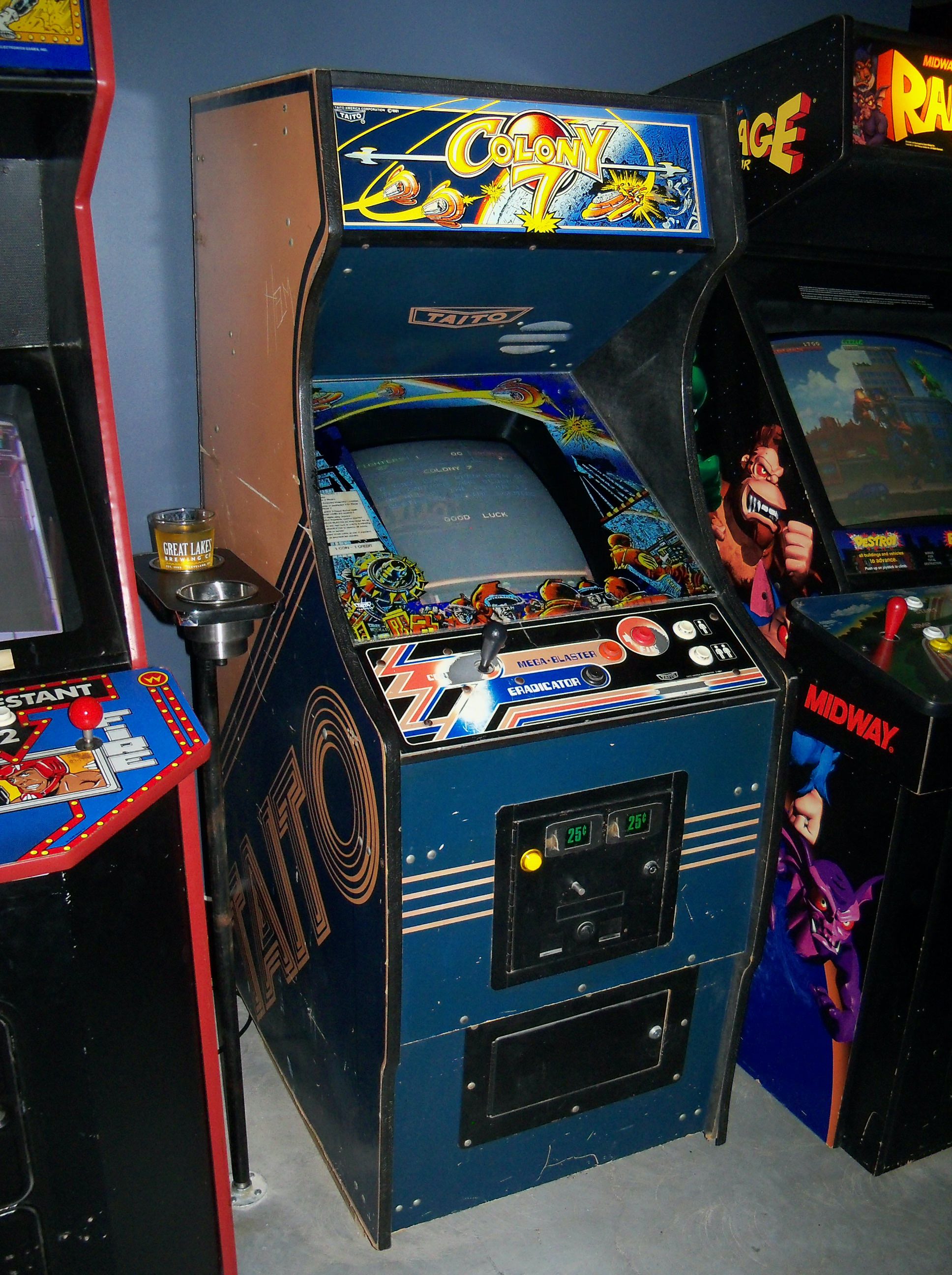 A surviving dedicated Colony 7 upright in an arcade setting. Photograph preserved in the research handoff; photographer not identified in the recovered credit record.