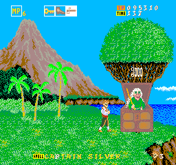 Captain Silver encounter beside the treasure chest. Native 256 × 240 World-program arcade capture, preserved from Arcade Database / MAME; nearest-neighbor display.