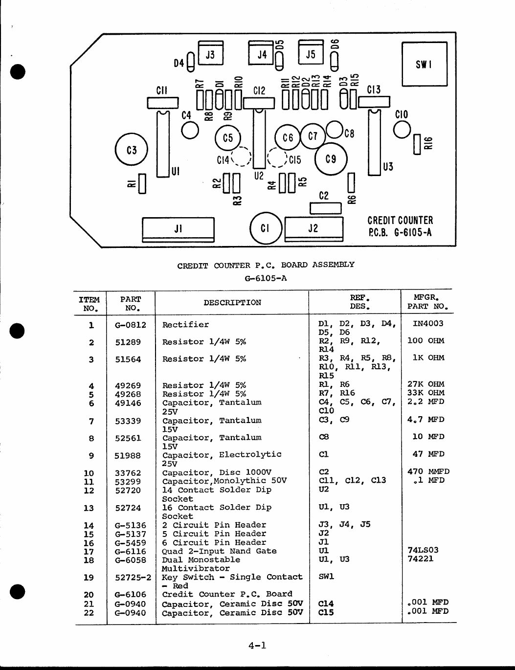 Eyes service manual credit-counter board G-6105-A, component layout and parts list