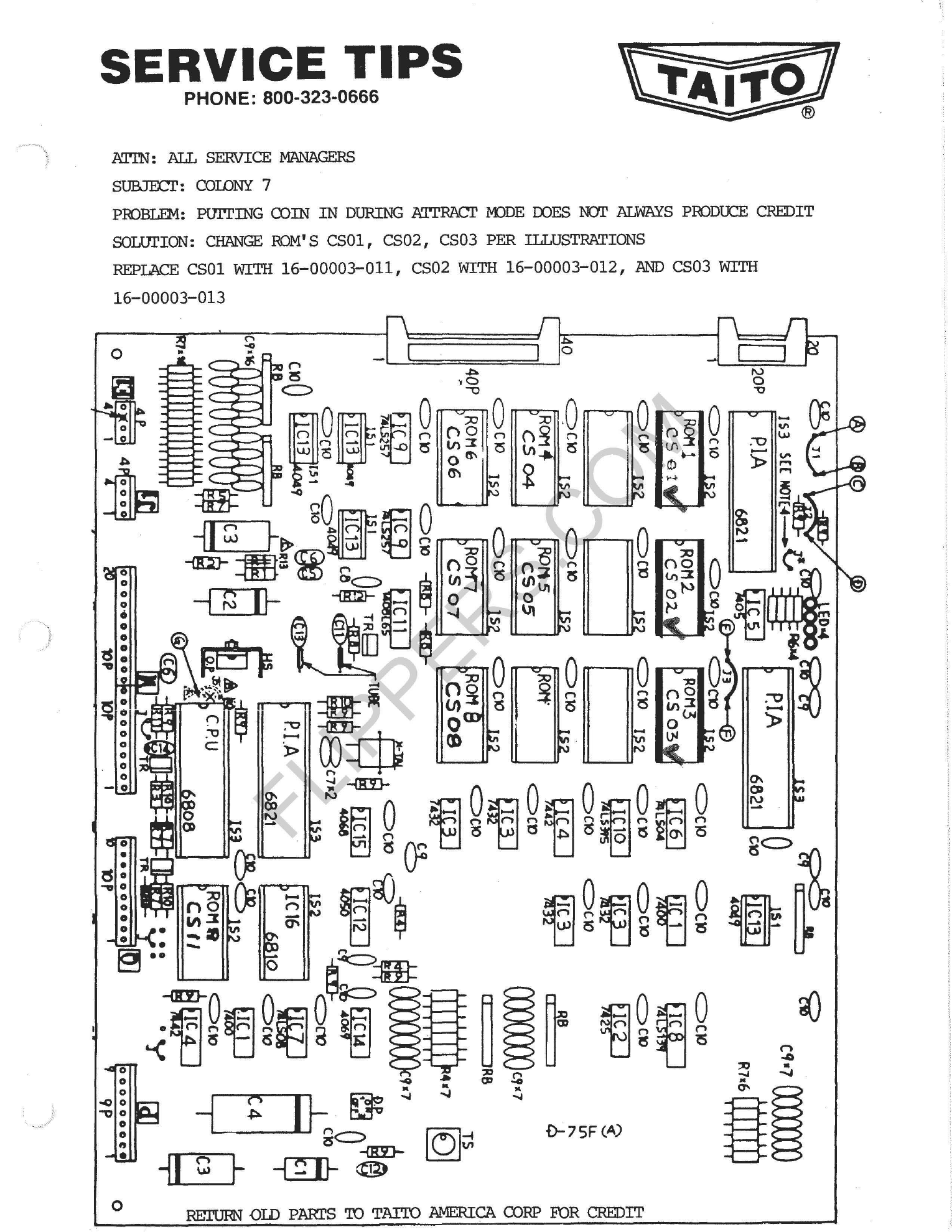 Taito America service material, page 7 of the preserved packet. Original ARCARC.COM watermark retained; see the complete packet for the series of field fixes and program-ROM update.