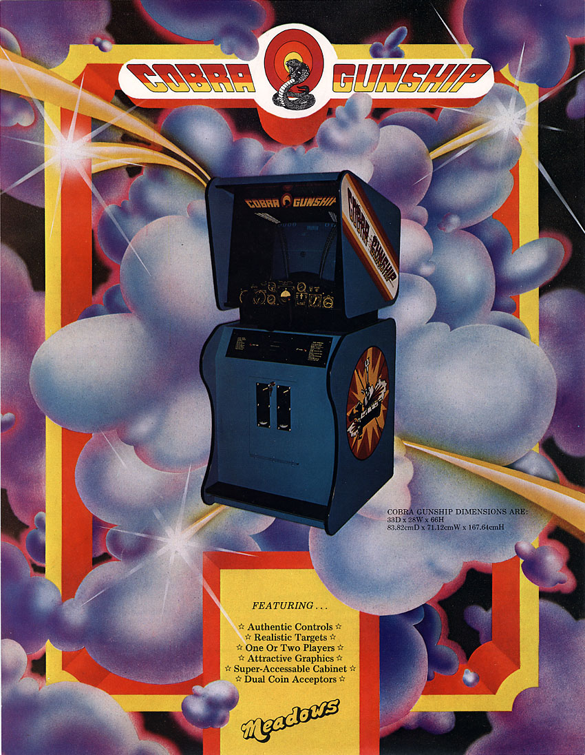 Meadows Games’ original 1976 Cobra Gunship flyer front. Preserved by the Arcade Flyer Archive; archive contributor: Dphower.