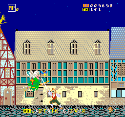 Town gameplay, with the HUD and letter row. Native 256 × 240 World-program arcade capture, preserved from Arcade Database / MAME; nearest-neighbor display.