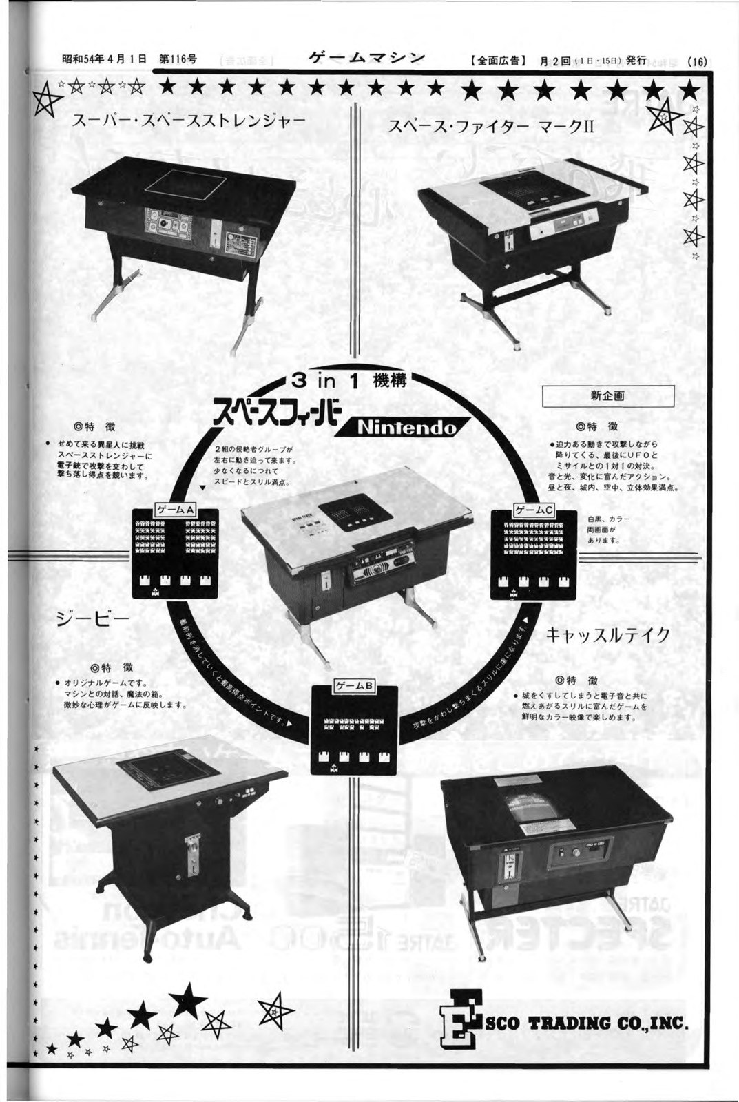 An April 1979 Esco Trading advertisement for Super Space Stranger and related table games