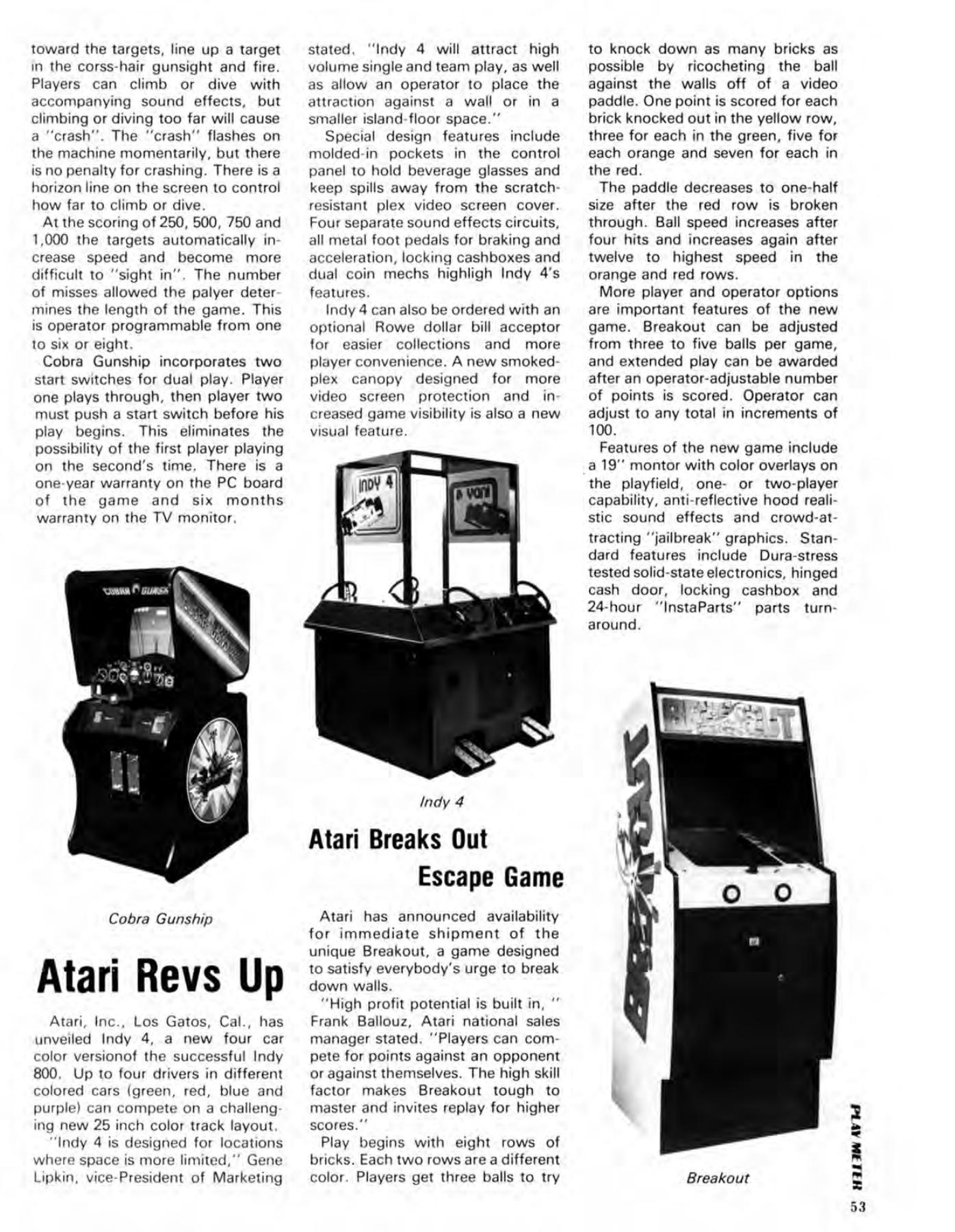 Play Meter, July 1976, page 48: contemporary Cobra Gunship coverage alongside other industry news. Preserved by the International Arcade Museum.