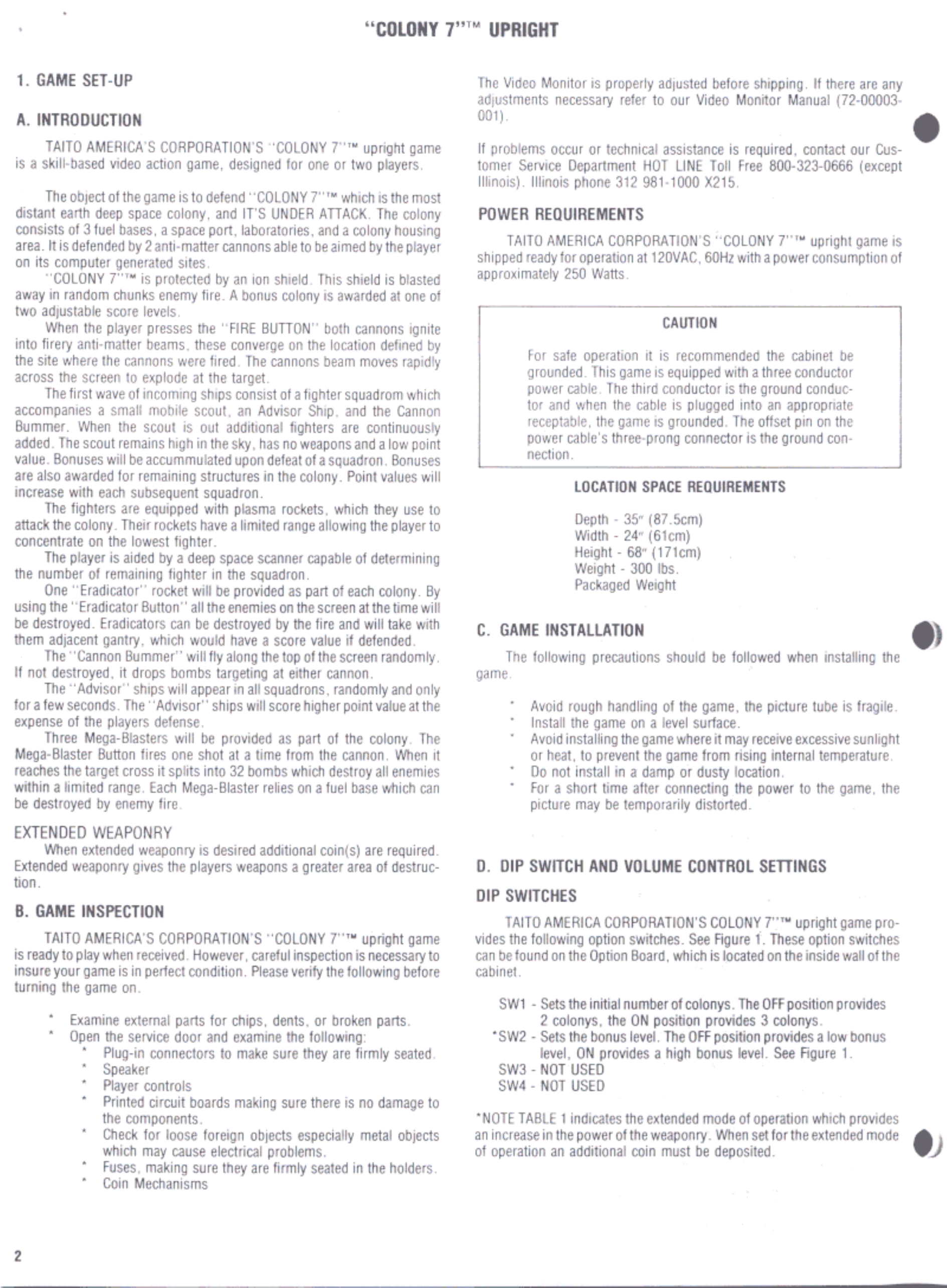 Colony 7 owner’s manual: game objective, enemies, controls and defensive systems. Original page render retained from the research handoff.