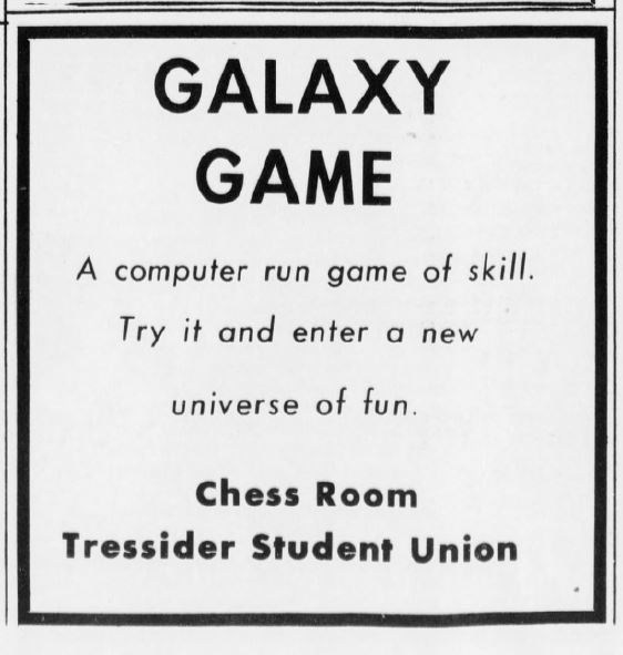 Stanford Daily advertisement for Galaxy Game. The late-November issue identification comes from source context.
