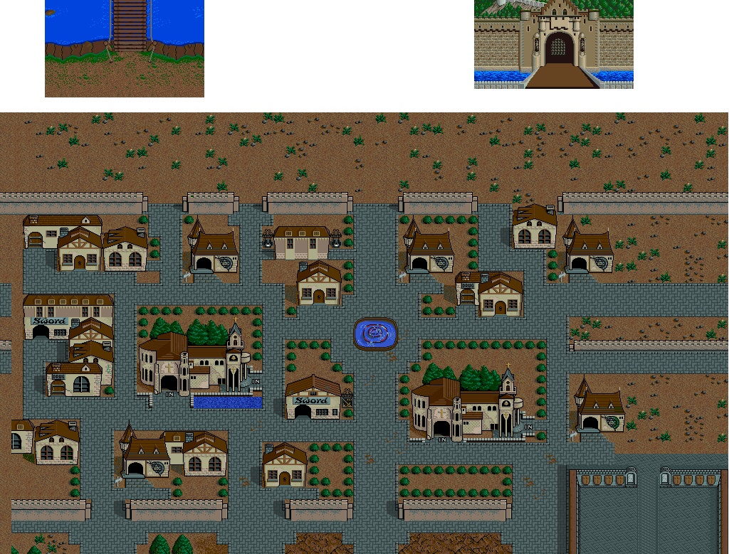 Town layout and its service buildings. Stitched map excerpt by George s / VGMaps, assembled from authentic game graphics; not an official Taito map.