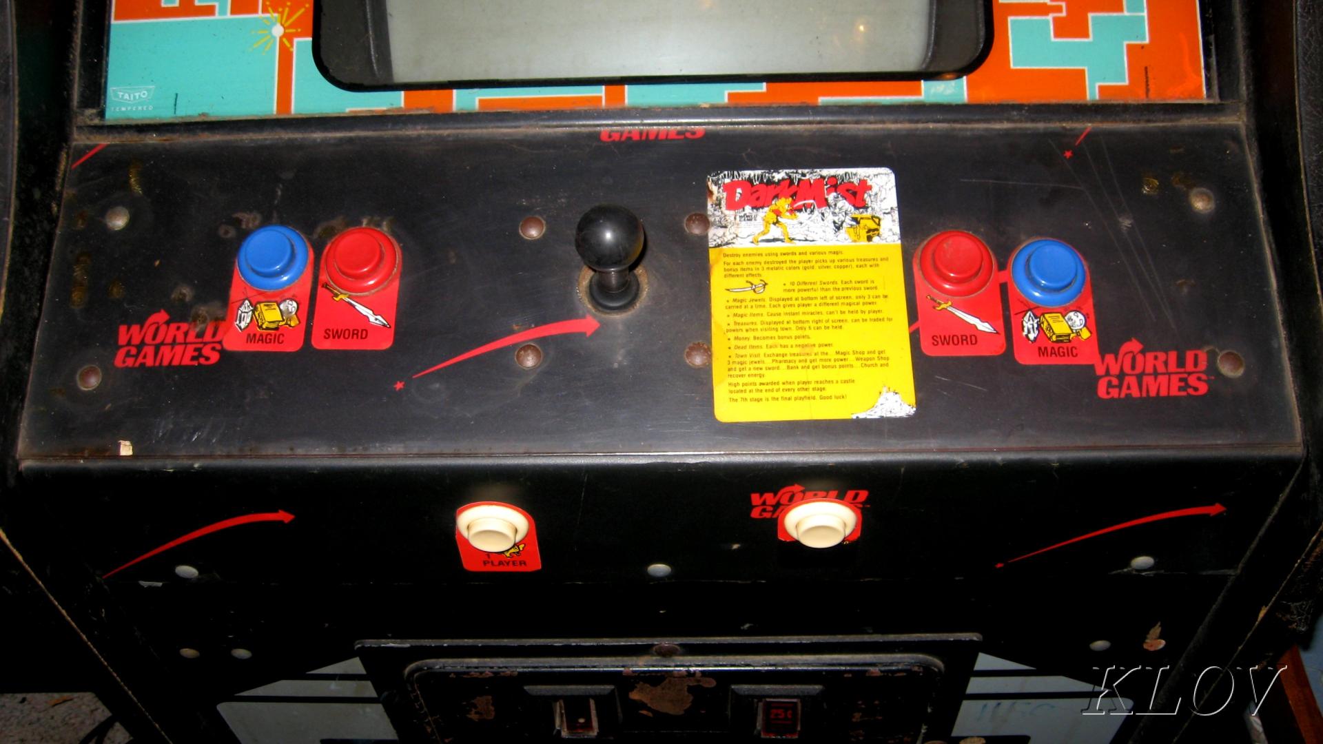 World Games conversion control panel: sword and magic buttons beside the joystick. Museum of the Game / KLOV; original watermark retained.