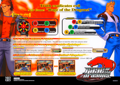 Rage of the Dragons English instruction card: controls, tag actions and special systems. Scan preserved in the libretro MAME collection. The repository labels this file as box art; the pictured object is an instruction card. Small print is limited by the surviving scan resolution.