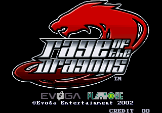 Rage of the Dragons title screen with the EVOGA and Playmore marks and 2002 copyright notice. Preservation capture from the libretro MAME thumbnail collection; capture date unknown.