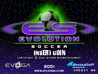 Evolution Soccer title screen, showing the EVOGA and BrezzaSoft marks and 2001 copyright notice. Preservation capture from the libretro MAME thumbnail collection; capture date unknown.