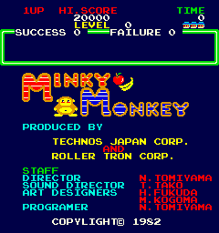 Title screen naming Technos Japan and Roller Tron, with the 1982 copyright and staff credits. Source: preserved research collection.