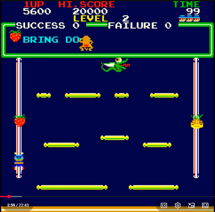 Layout 2: Scattered horizontal platforms and the flying creature. Source: Old Classic Retro Gaming recorded play; research captures supplied by Dana. Capture overlays retained where present.