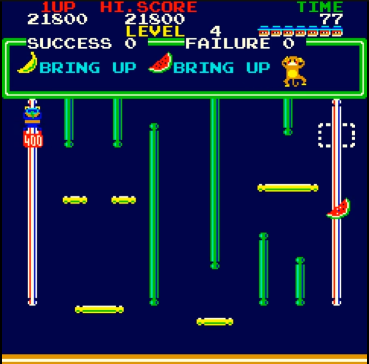 Layout 4: Mixed routes and a two-fruit instruction. Source: Old Classic Retro Gaming recorded play; research captures supplied by Dana. Capture overlays retained where present.