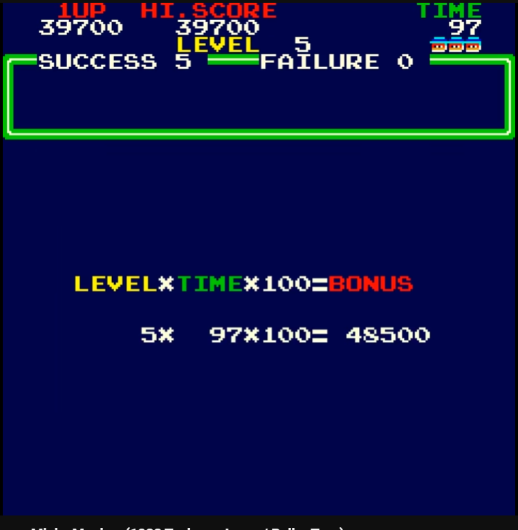The displayed formula: 5 × 97 × 100 = 48,500. Source: Old Classic Retro Gaming recorded play; research captures supplied by Dana. Capture overlays retained where present.