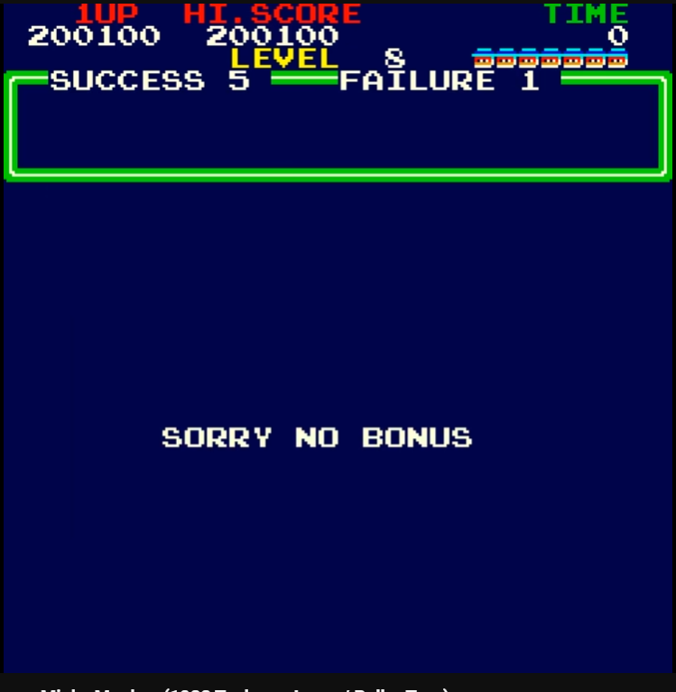 SORRY NO BONUS in the captured zero-time completion sequence; observed once, rather than established as a frame-accurate boundary rule. Source: Old Classic Retro Gaming recorded play; research captures supplied by Dana. Capture overlays retained where present.